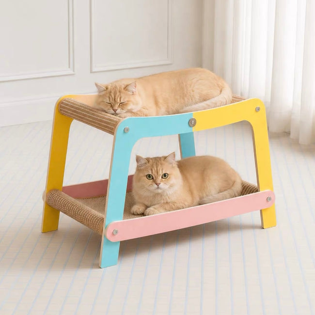 Colorful Double-Decker Cat Scratcher Bed – 2-Tier Wooden Cat Lounge & Scratching Furniture