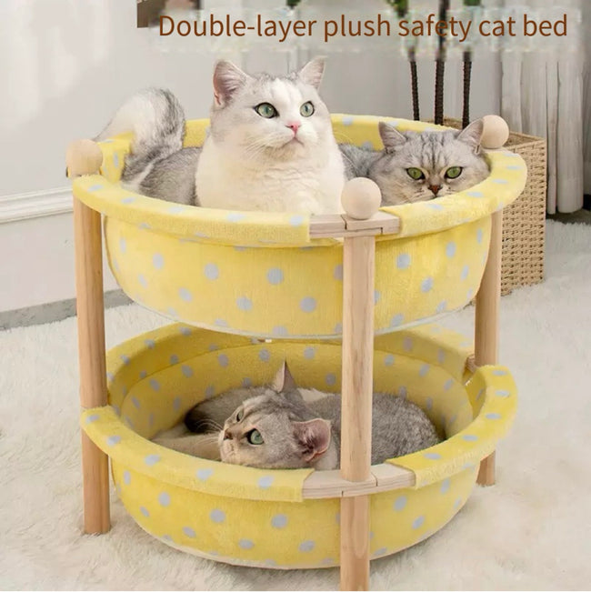 2-Layer Cat Hammock Bed with Pine Wood Frame Breathable Washable Covers