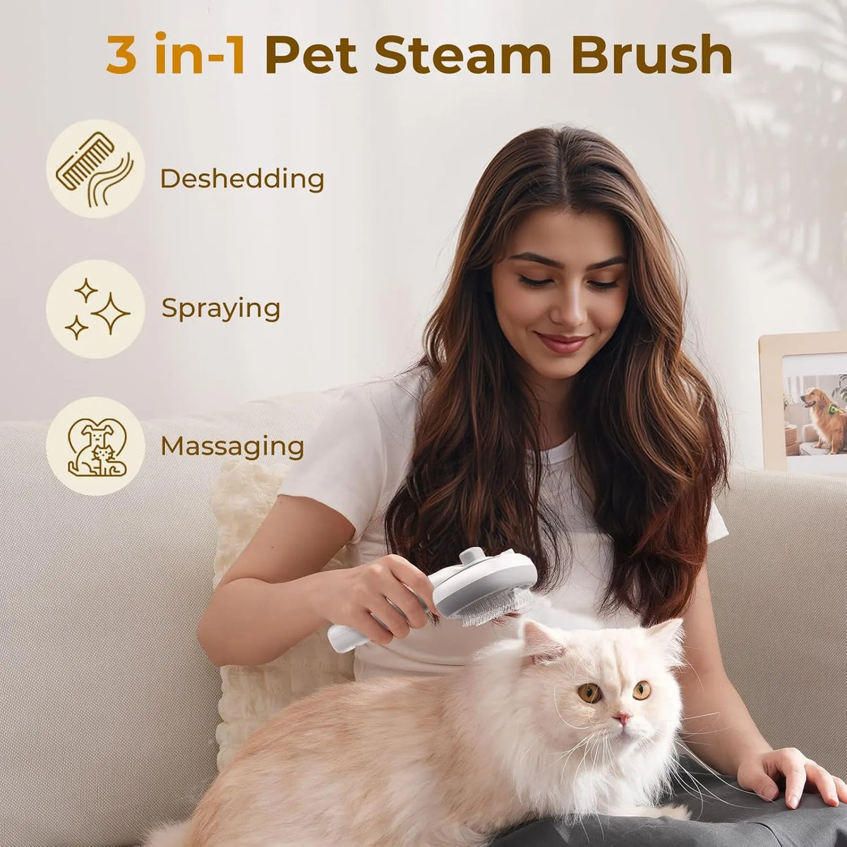 Steam Cat Brush, Self-Cleaning Cat Steam Brush with 2 Water Spray Modes, Large Capacity Tank, Dog Brush for Shedding Massaging Grooming, Cool Mist Only