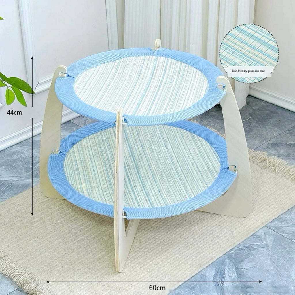 Double - layer Solid Wood Cat Hammock Bed with Rush Mat