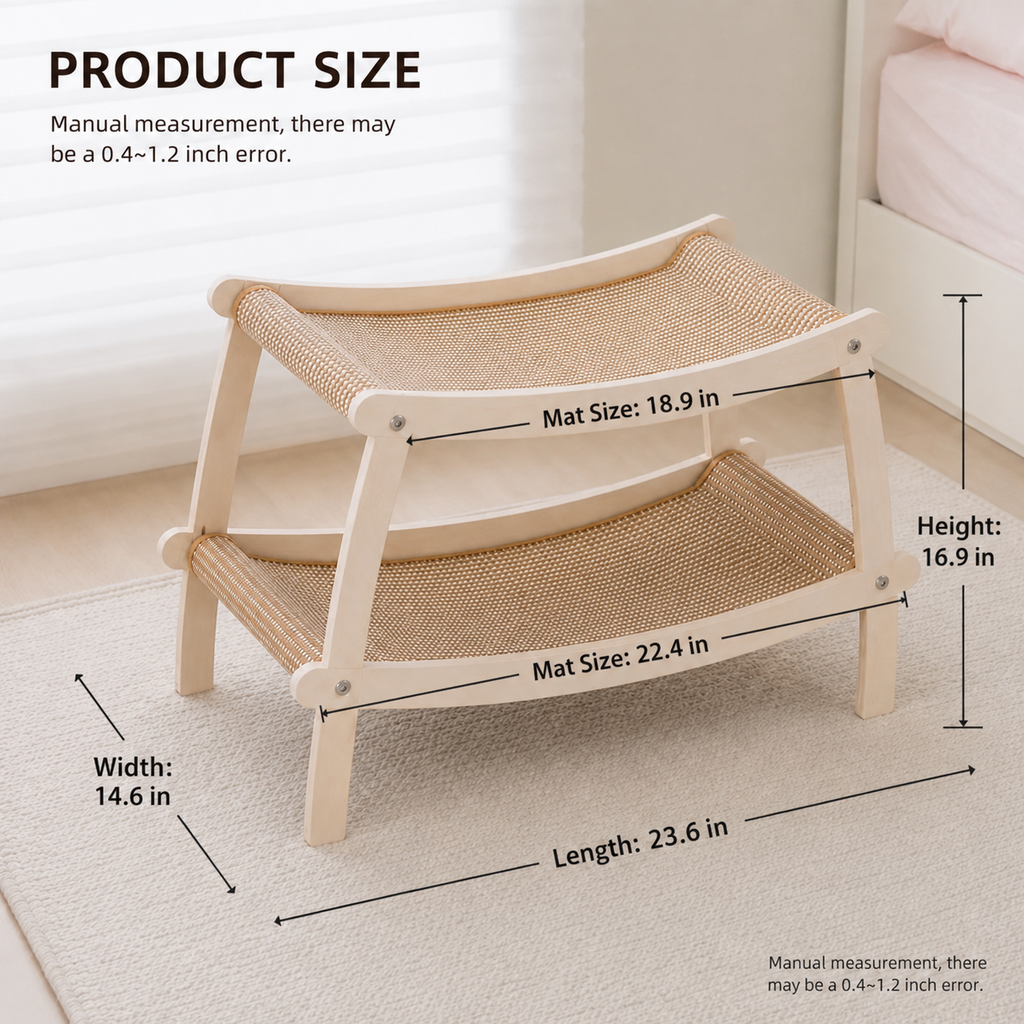 Double-Layer Wooden Cat Hammock Bed & Scratcher | Multi-Cat Lounge with Sisal Scratching Mat