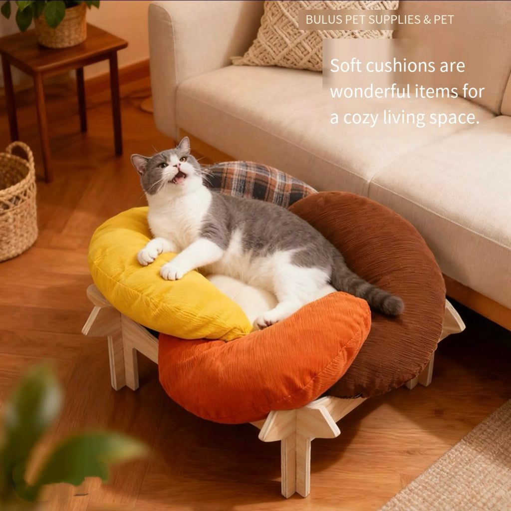 Modern Wooden Cat Bed with Soft Cushions – Stylish Flower Pet Lounge for Cats & Small Pets