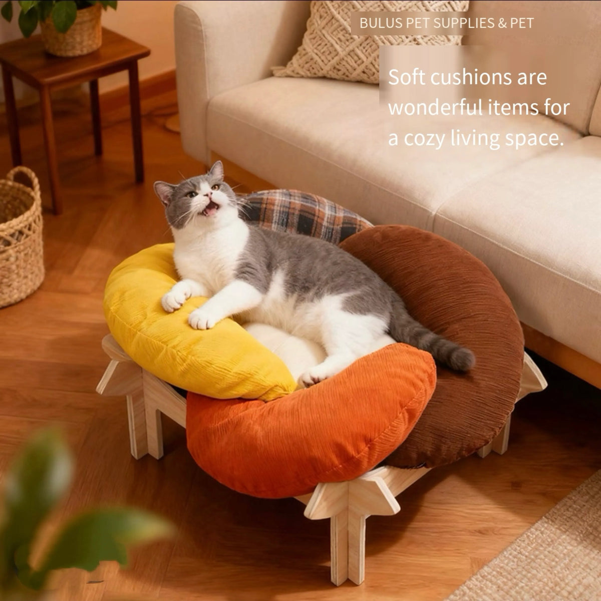 Modern Wooden Cat Bed with Soft Cushions – Stylish Flower Pet Lounge for Cats & Small Pets