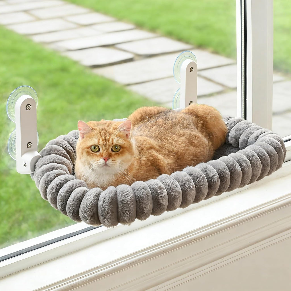 Cat Window Perch with Bolster, Cordless Foldable Cat Window Hammock with Strong Suction Cups & Metal Frame, Machine Washable Pet Bed for Indoor Cats (White, Medium)