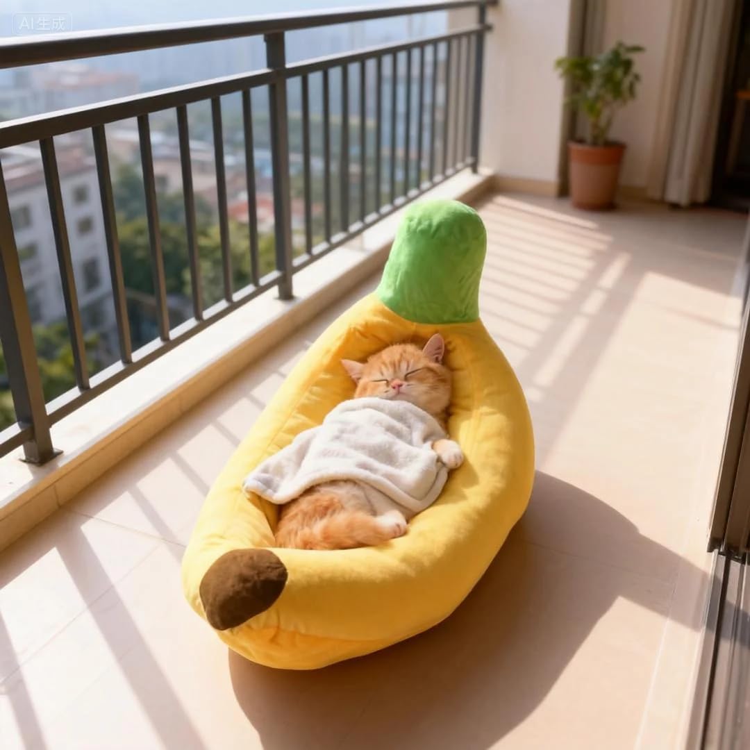 Banana-Shaped Dog Bed – Cozy Crystal Velvet Pet Nest for Cats Puppies, Machine Washable & Adorable Home Decor (Cute Banana Split,M)
