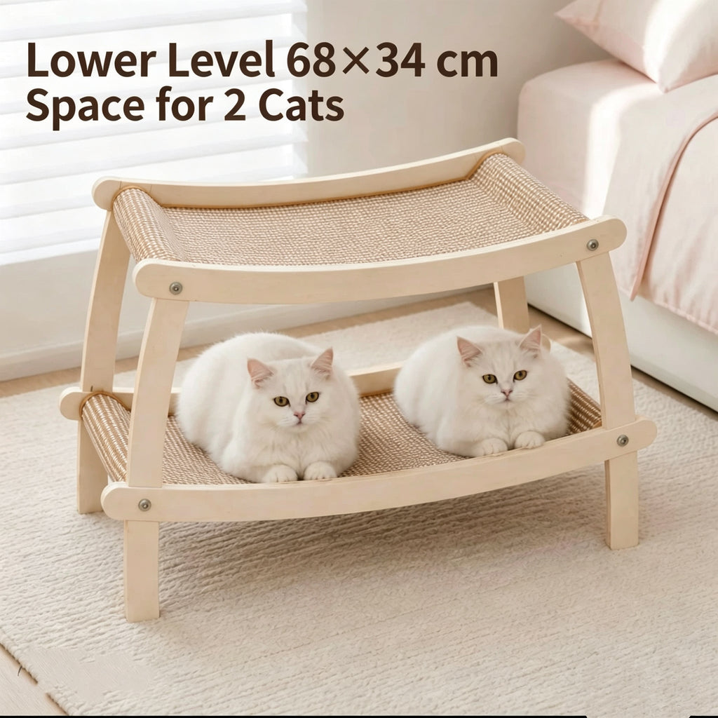 Double-Layer Wooden Cat Hammock Bed & Scratcher | Multi-Cat Lounge with Sisal Scratching Mat