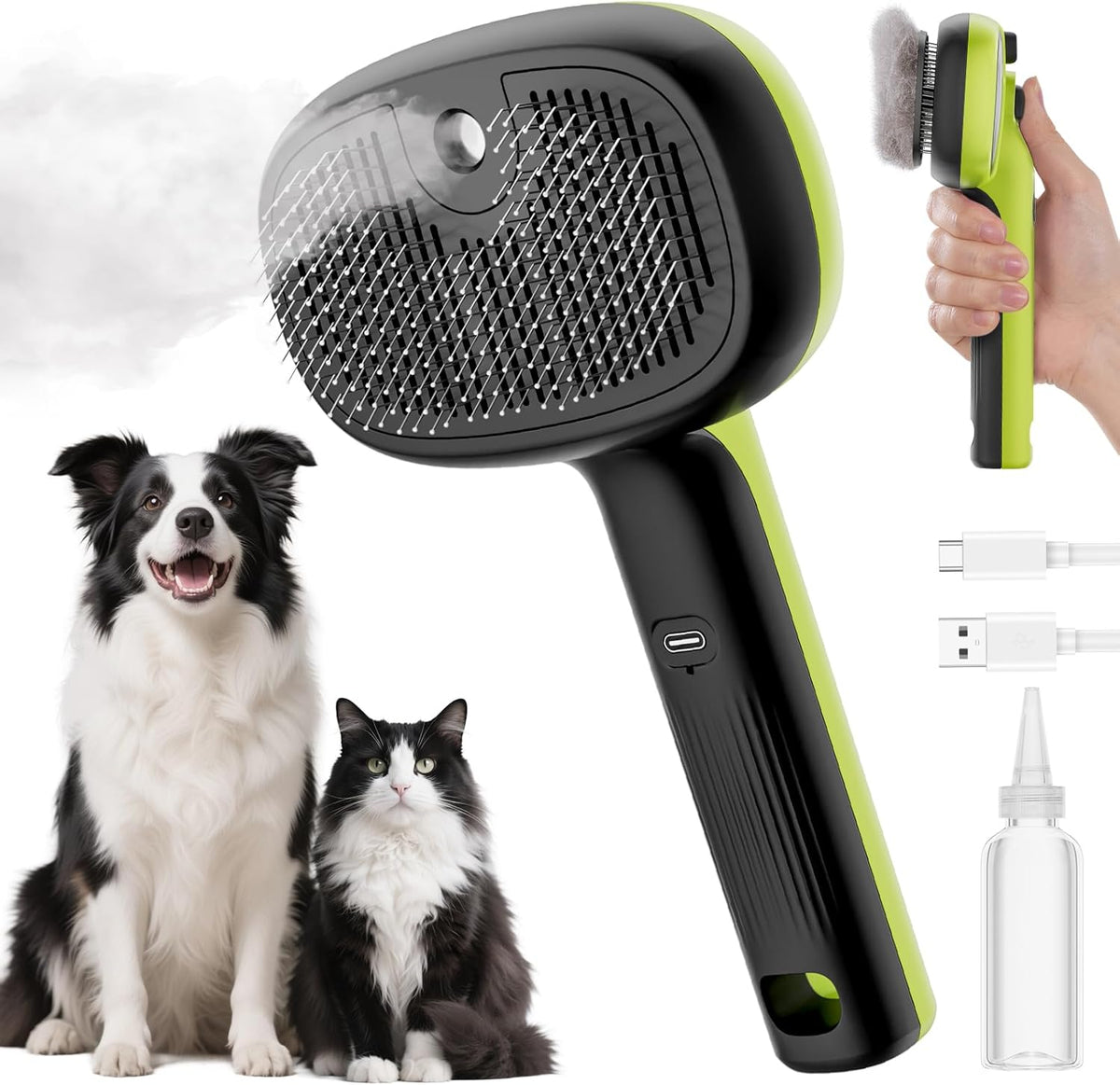 Steam Cat Brush, Self-Cleaning Cat Steam Brush with 2 Water Spray Modes, Large Capacity Tank, Dog Brush for Shedding Massaging Grooming, Cool Mist Only