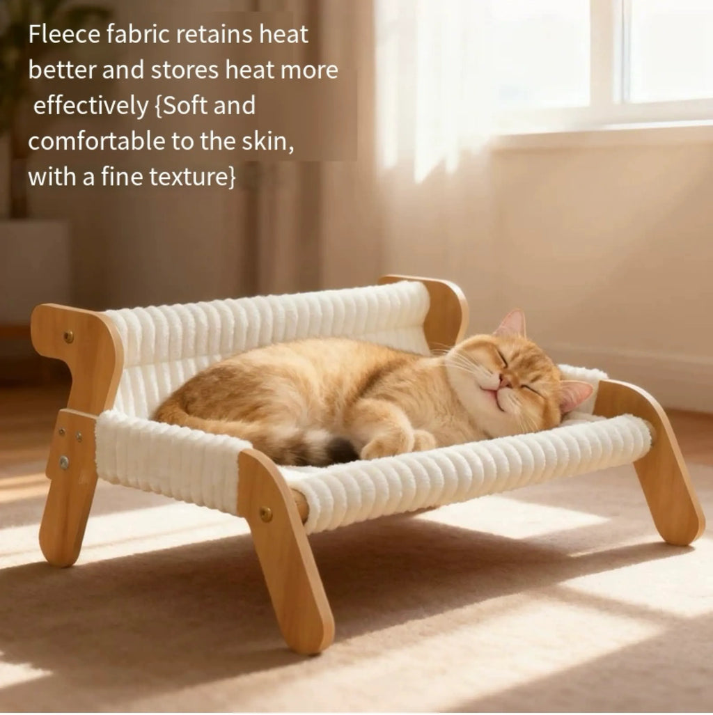 Cozy Elevated Cat Hammock Bed – Soft Plush Fabric with Wooden Frame, Warm & Breathable Lounger for Indoor Cats