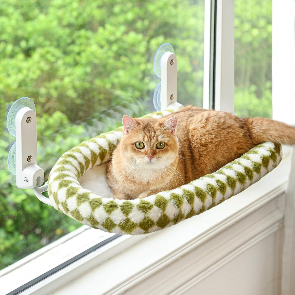 Cat Window Perch with Bolster, Cordless Foldable Cat Window Hammock with Strong Suction Cups & Metal Frame, Machine Washable Pet Bed for Indoor Cats (White, Medium)