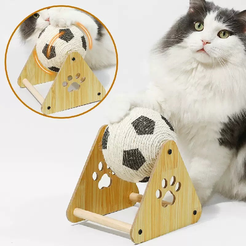 Cat Scratch Ball - Interactive Cat Ball Toy Stand with Wooden Base | Spherical Nail File Scratcher, Enrichment Exercise Soccer Pet Supplies for Indoor Small Medium Breed Kittens Dogs