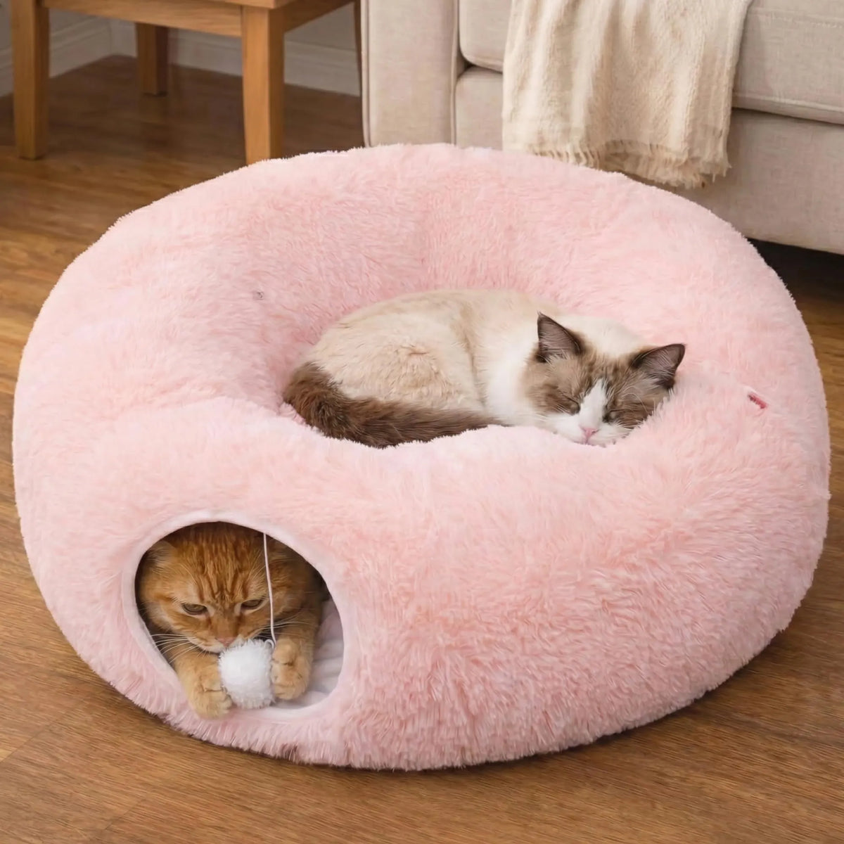 Indoor Cat Tunnel with Donut Bed - Large Flexible Play Space for Multiple Pets