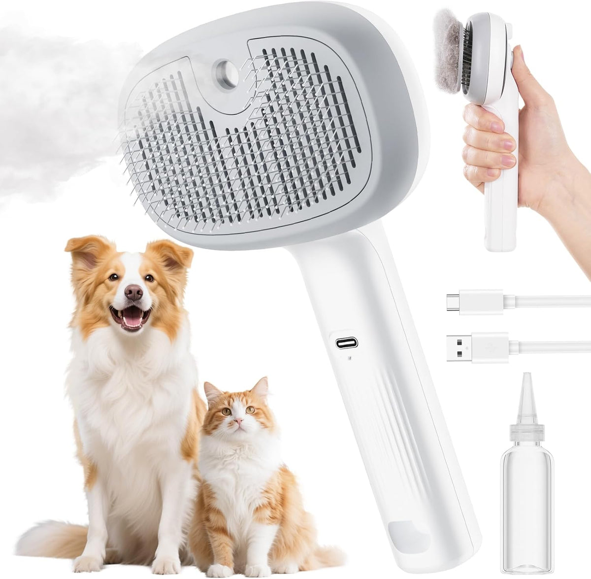 Steam Cat Brush, Self-Cleaning Cat Steam Brush with 2 Water Spray Modes, Large Capacity Tank, Dog Brush for Shedding Massaging Grooming, Cool Mist Only