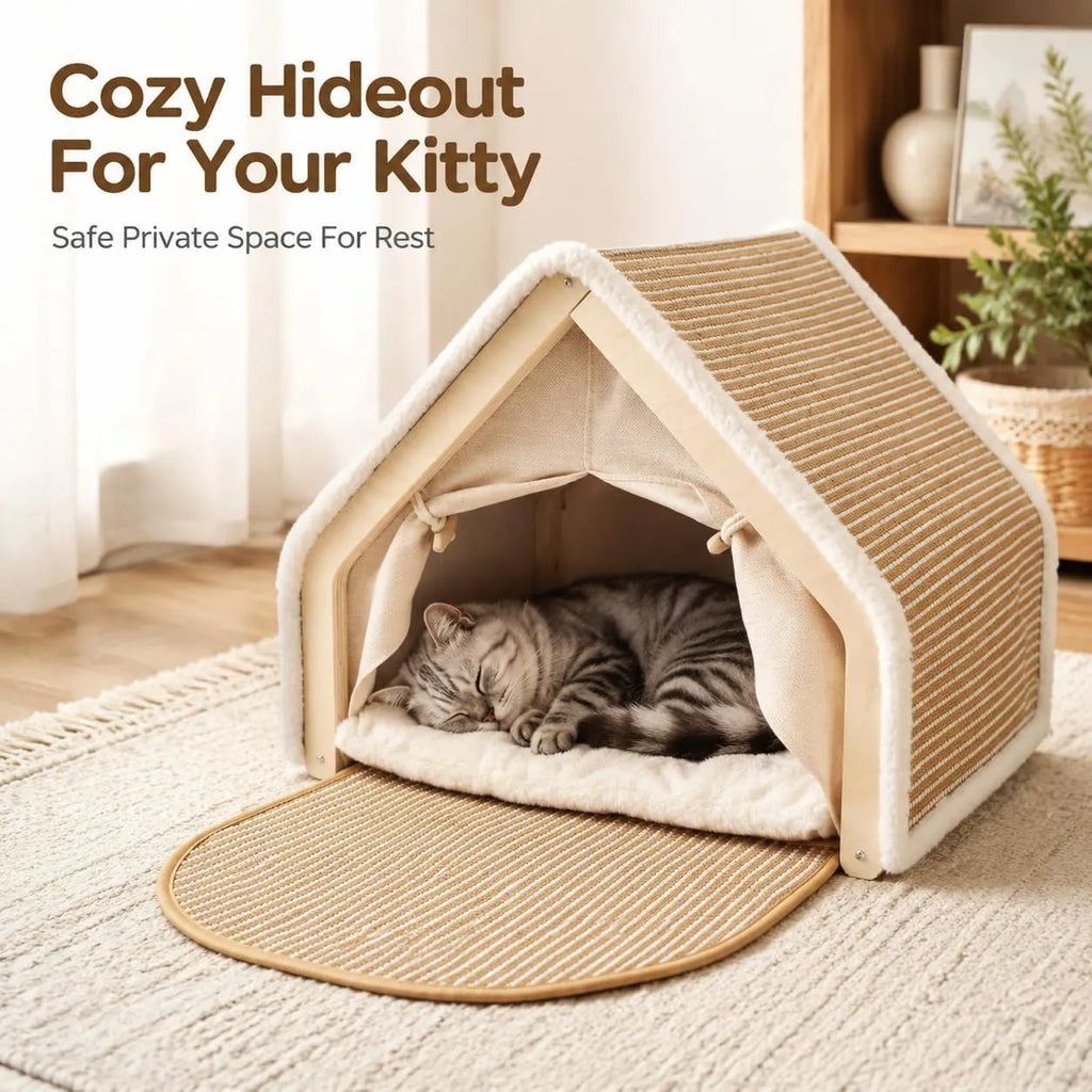 Wooden Cat Scratching House with Scratch Pads – Pet Bed & Scratch Surface in One