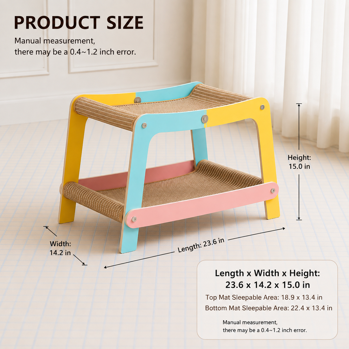 Colorful Double-Decker Cat Scratcher Bed – 2-Tier Wooden Cat Lounge & Scratching Furniture