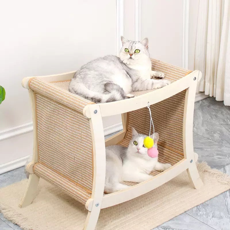 Indoor Cat Scratcher Bed, Double Layer Cat Hammock with Toy Ball, Wooden Sisal Cat Scratching Pad for Cats, Elevated Cat Lounge for Claw Grinding & Sleeping