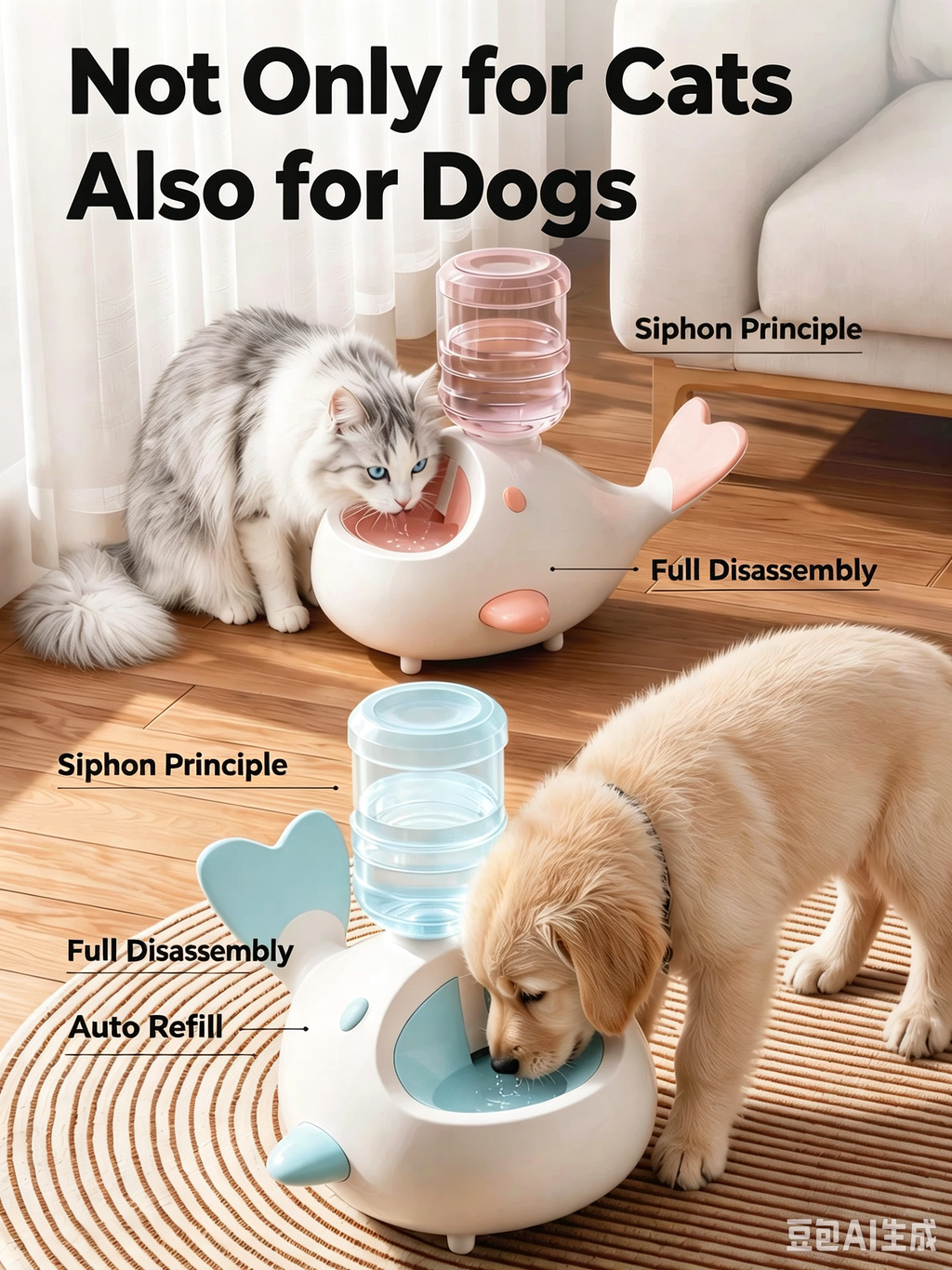 Gravity Pet Water Dispenser | Auto refill whale water fountain | Cute Cat Ear Water Fountain for Cats & Small Dogs