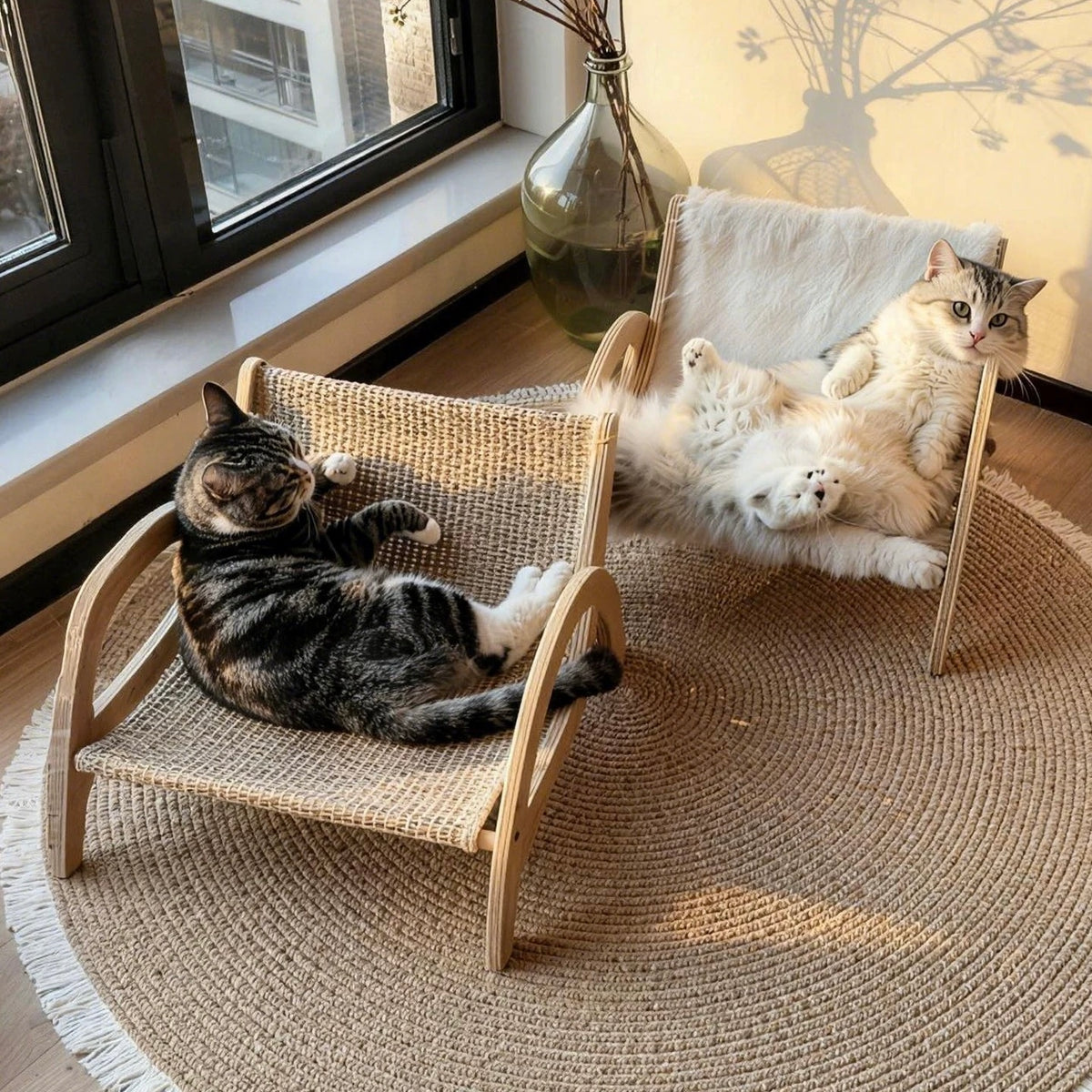Adjustable Cat Scratcher Lounge Chair – Wooden Cat Scratching Bed with Sisal Mat