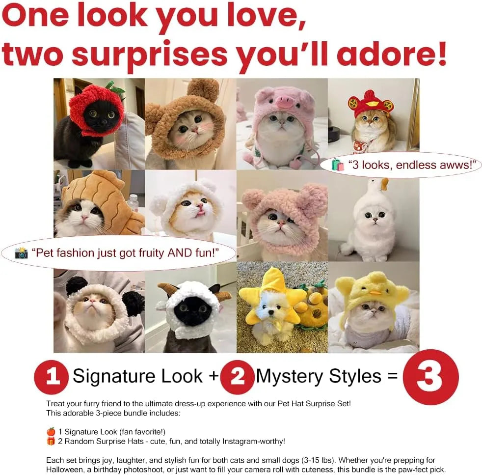 Cute Adjustable Fruit Cat Hat – Apple Costume for Cats & Small Dogs – Funny Pet Headwear for Halloween, Photoshoots, and Cosplay (Pink Pig,1 Signature Look + 2 Mystery Styles)