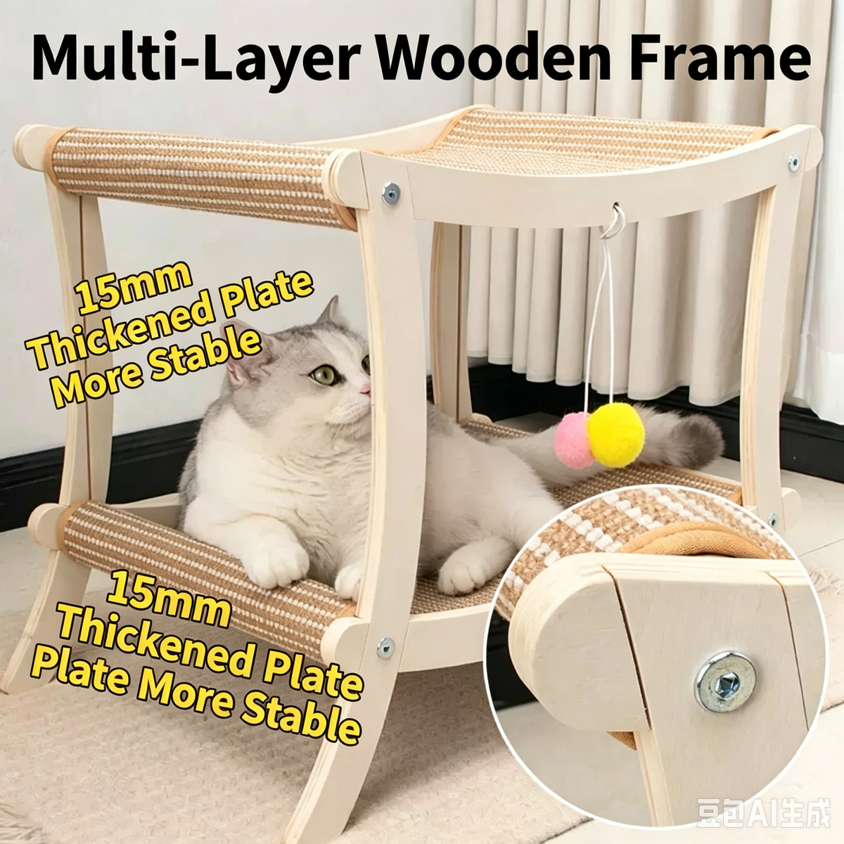 Indoor Cat Scratcher Bed, Double Layer Cat Hammock with Toy Ball, Wooden Sisal Cat Scratching Pad for Cats, Elevated Cat Lounge for Claw Grinding & Sleeping