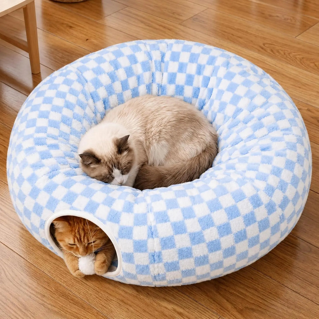 Indoor Cat Tunnel with Donut Bed - Large Flexible Play Space for Multiple Pets