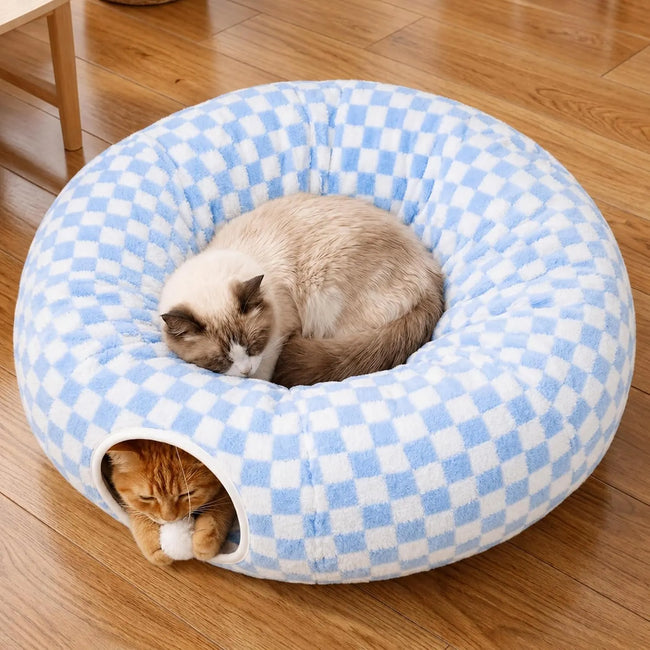Indoor Cat Tunnel with Donut Bed - Large Flexible Play Space for Multiple Pets