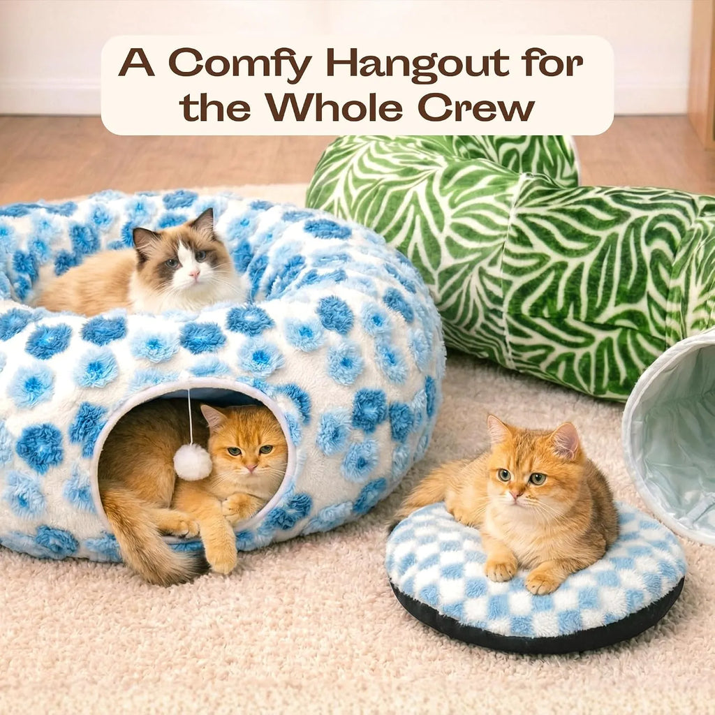 Indoor Cat Tunnel with Donut Bed - Large Flexible Play Space for Multiple Pets