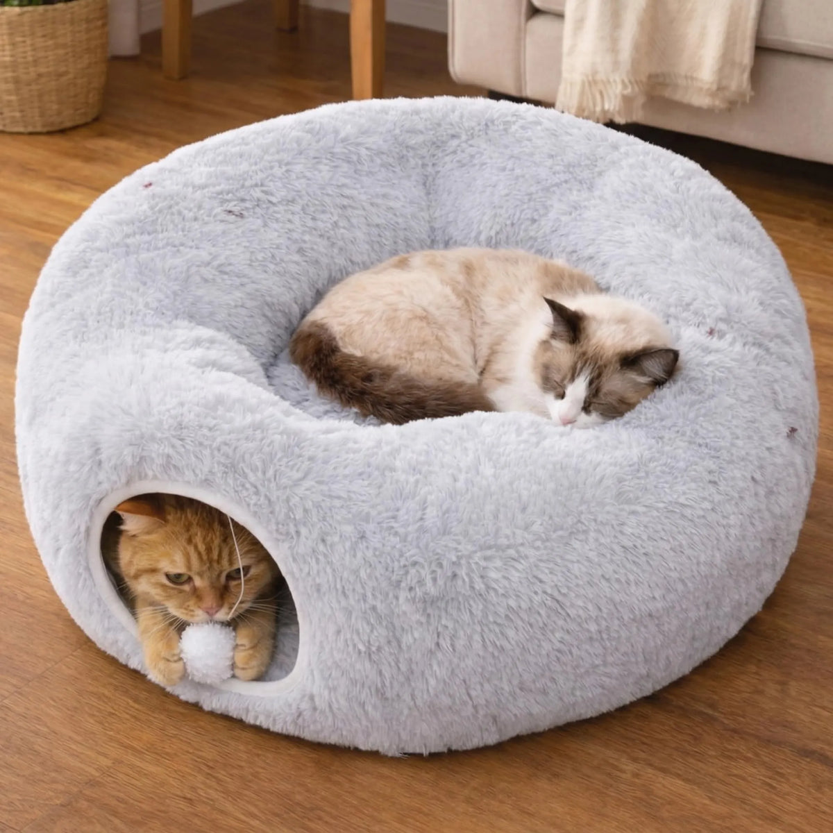 Indoor Cat Tunnel with Donut Bed - Large Flexible Play Space for Multiple Pets