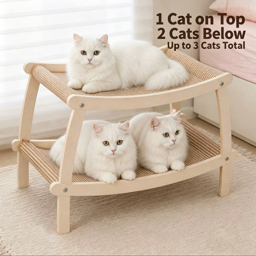 Double-Layer Wooden Cat Hammock Bed & Scratcher | Multi-Cat Lounge with Sisal Scratching Mat