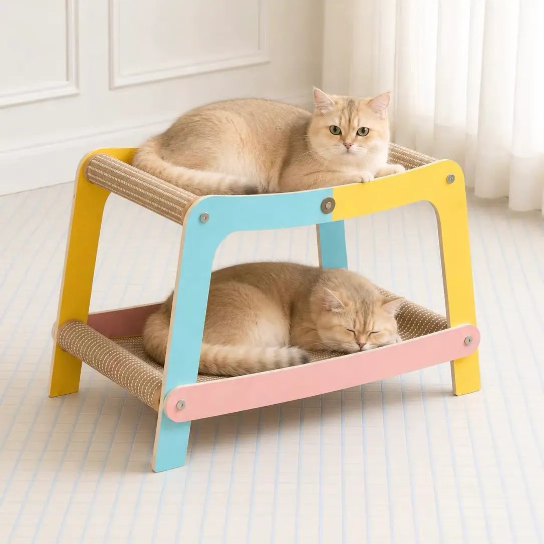 Colorful Double-Decker Cat Scratcher Bed – 2-Tier Wooden Cat Lounge & Scratching Furniture