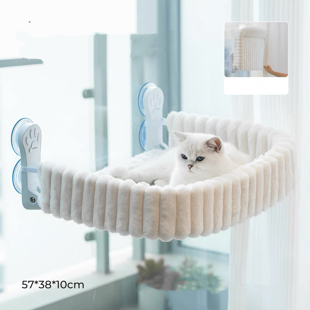 Cat Window Perch with Bolster, Cordless Foldable Cat Window Hammock with Strong Suction Cups & Metal Frame, Machine Washable Pet Bed for Indoor Cats (White, Medium)